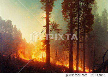 Illustration of fire in burning forest 95937853