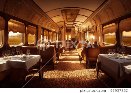 Concept art illustration of luxury dining car interior of train 95937862
