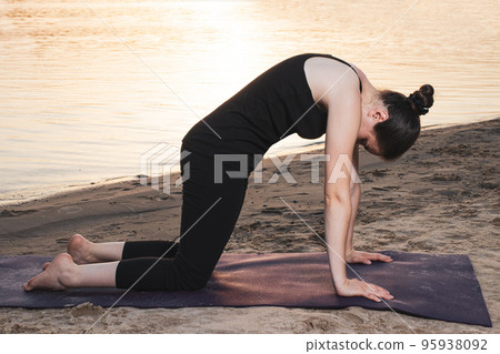 A woman in black sportswear practices yoga while standing in a Cat Pose, Cow pose or Marjariasana. Hatha or Vinyasa Yoga at sunset in nature near the river. 95938092