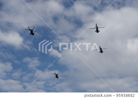 Kiowa Warrior helicopters during an air show. Greek Air Force Bell OH-58 flying in Thessaloniki, Greece during the National Oxi Day parade. Kiowa Warrior helicopters during an air show. Greek Air Force Bell OH-58 flying in Thessaloniki, Greece during the National Oxi Day parade. 95938682
