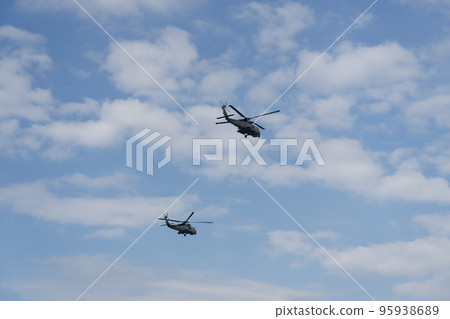 Sikorsky Seahawk naval military helicopters during an air show. Hellenic Navy S-70 flying on Thessaloniki, Greece during the 28 October National Oxi Day parade. 95938689