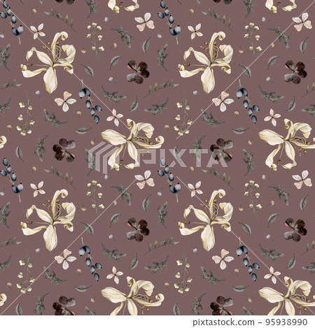 Seamless pattern with dry lily flowers, realistic style. Abstract floral arrangement of plants, flowers, berries, leaves. Dark marsala background 95938990