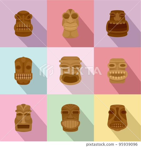 African mask icons set. Flat set of 9 african mask vector icons for web isolated on white background 95939096