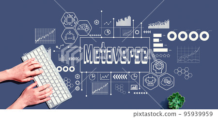 Metaverse theme with person using pc keyboard 95939959