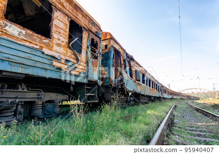 burned out blown up wagons war between Russia and Ukraine 95940407