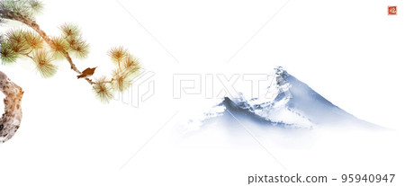 Black bird sitting on pine tree branch and far blue mountains. Traditional oriental ink painting sumi-e, u-sin, go-hua. Translation of hieroglyph - well-being Black bird sitting on pine tree branch and far blue mountains. Traditional oriental ink painting sumi-e, u-sin, go-hua. Translation of hieroglyph - well-being 95940947