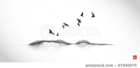 Birds flying over the hill. Traditional oriental ink painting sumi-e, u-sin, go-hua. Translation of hieroglyph - eternity Birds flying over the hill. Traditional oriental ink painting sumi-e, u-sin, go-hua. Translation of hieroglyph - eternity 95940970
