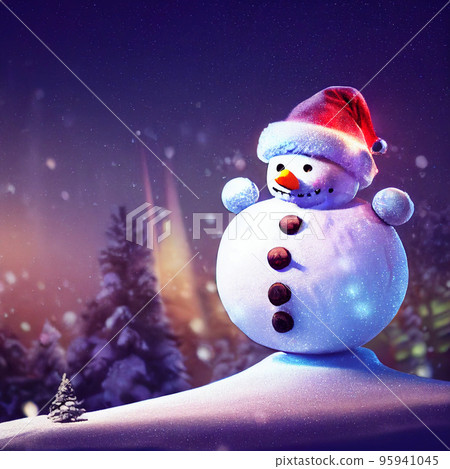 Snowman in winter christmas landscape. Snowman. Magical christmas night Snowman in winter christmas landscape. Snowman. Magical christmas night 95941045