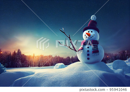 Snowman in winter christmas landscape. Snowman. Magical christmas night Snowman in winter christmas landscape. Snowman. Magical christmas night 95941046