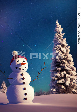 Snowman in winter christmas landscape. Snowman. Magical christmas night 95941069