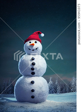 Snowman in winter christmas landscape. Snowman. Magical christmas night 95941073