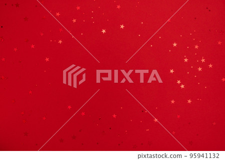 Shining stars on red background. Festive holiday background. Christmas. Wedding. Birthday. Happy woman's day. Mothers Day. Valentine's Day. Flat lay, copy space. 95941132