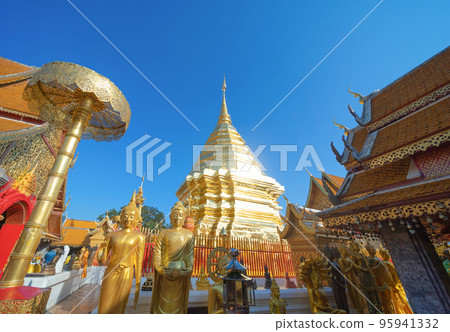 Phra That Doi Suthep, a buddhist temple. Thai architecture temple golden holy shrines light religious, Northern Chiang Mai, Thailand. 95941332