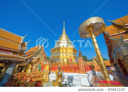 Phra That Doi Suthep, a buddhist temple. Thai architecture temple golden holy shrines light religious, Northern Chiang Mai, Thailand. 95941333