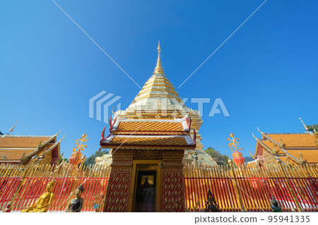 Phra That Doi Suthep, a buddhist temple. Thai architecture temple golden holy shrines light religious, Northern Chiang Mai, Thailand. 95941335