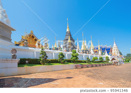 Wat Ban Den pagoda, a buddhist temple. Thai architecture temple golden holy shrines light religious, Northern Chiang Mai, Thailand. Wat Ban Den pagoda, a buddhist temple. Thai architecture temple golden holy shrines light religious, Northern Chiang Mai, Thailand. 95941346