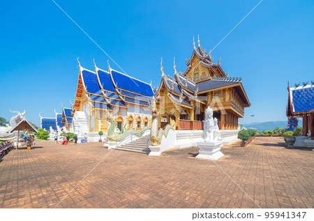 Wat Ban Den pagoda, a buddhist temple. Thai architecture temple golden holy shrines light religious, Northern Chiang Mai, Thailand. 95941347
