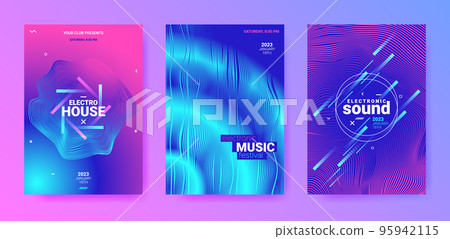 Abstract Dance Poster Set. Electronic Sound Cover. Techno Party Flyer. Vector 3d Background. Futuristic Dance Posters. Minimal Festiv Illustration. Gradient Wave Circle. Dance Posters. 95942115