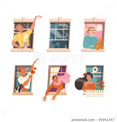 Cheerful looking out of windows set. Happy neighbourhoods characters drinking coffee, talking, helping each other through open windows. Stay at home concept vector illustration Cheerful looking out of windows set. Happy neighbourhoods characters drinking coffee, talking, helping each other through open windows. Stay at home concept vector illustration 95942247