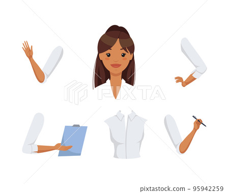 Businesswoman character constructor. Human body parts set. Gesturing hands and head cartoon vector illustration Businesswoman character constructor. Human body parts set. Gesturing hands and head cartoon vector illustration 95942259