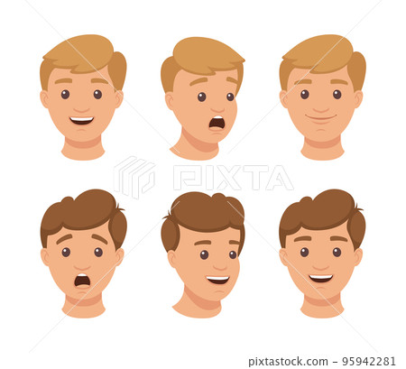 Set of various male emotional faces. Man with different facial expressions, smiling, surprised, scared, upset. Young man character creation vector illustration 95942281