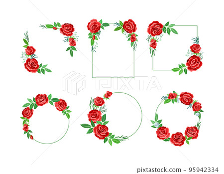 Retro flower frames of red roses of different shapes set. Wedding, party invitation, greeting card cartoon vector illustration 95942334
