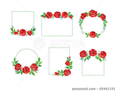 Flower frames of red roses of different shapes set. Wedding, party invitation, greeting card cartoon vector illustration Flower frames of red roses of different shapes set. Wedding, party invitation, greeting card cartoon vector illustration 95942335