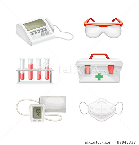 Medical laboratory equipment set. Ecg machine, test tubes with blood, first aid kit, medical face mask, tonometer cartoon vector illustration Medical laboratory equipment set. Ecg machine, test tubes with blood, first aid kit, medical face mask, tonometer cartoon vector illustration 95942338