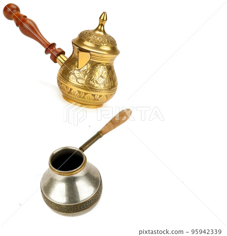 Set of coffee pots isolated on white. Collage. Free space for text. 95942339