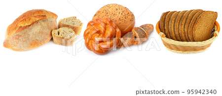 Set of bread and bakery products isolated on white . Wide photo. Free space for text. Collage. Set of bread and bakery products isolated on white . Wide photo. Free space for text. Collage. 95942340