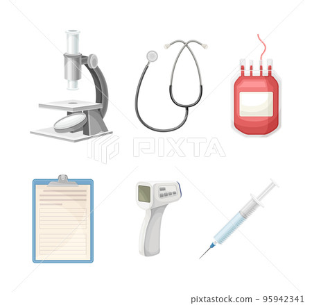Medical laboratory equipment set. Blood bag, microscope, stethoscope, syringe, electronic thermometer cartoon vector illustration Medical laboratory equipment set. Blood bag, microscope, stethoscope, syringe, electronic thermometer cartoon vector illustration 95942341