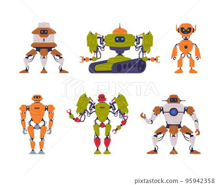 Robots set. Technical support assistant, friendly robots. Artificial intelligence technology cartoon vector illustration 95942358