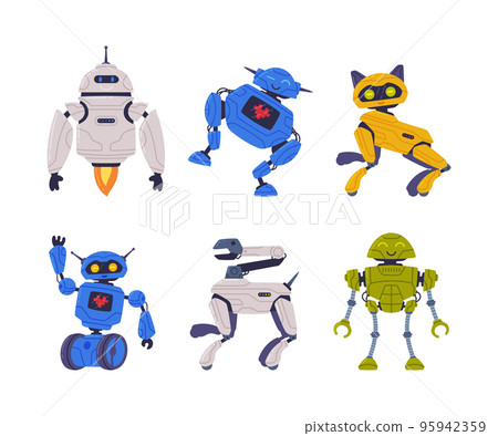 Cute robots cyborg and animal characters set. Artificial intelligence technology cartoon vector illustration 95942359