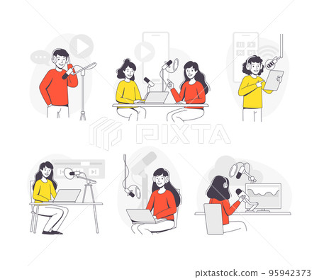 Podcast Recording with Young Man and Woman with Microphone Broadcasting and Live Streaming Outline Vector Set 95942373