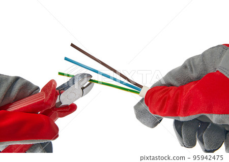 Hands in protective gloves with wire cutters and cable isolated on white background 95942475