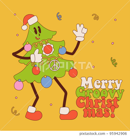 Retro cartoon Christmas tree character in trendy vintage 60s hippie style. Merry Groovy Christmas lettering text for party invitation, Groovy Christmas poster, card. Vector hand drawn illustration. Retro cartoon Christmas tree character in trendy vintage 60s hippie style. Merry Groovy Christmas lettering text for party invitation, Groovy Christmas poster, card. Vector hand drawn illustration. 95942906