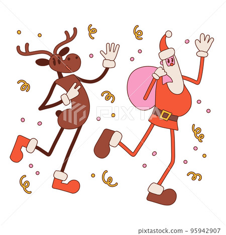 Santa Claus and reindeer caharacter in trendy retro cartoon style. Set of comic groovy characters. Merry Christmas and Happy New year mascots. Contour vector hand drawn illustration. Santa Claus and reindeer caharacter in trendy retro cartoon style. Set of comic groovy characters. Merry Christmas and Happy New year mascots. Contour vector hand drawn illustration. 95942907