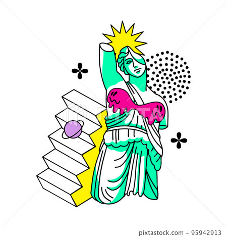 Silhouette of Greek trippi sculpture with surreal and antique abstract elements. Contour vector illustration with color spots. Psychedelic emoticons in the style of the 1990s. 95942913