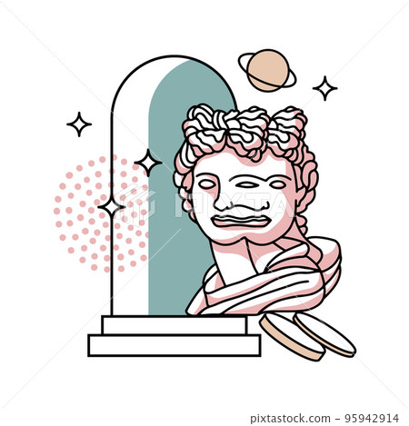 Psychedelic surreal concept with a colorful greek bust , ancient sculpture with arch and stars. Linear trippy vector illustration in trendy psychedelic style. 95942914
