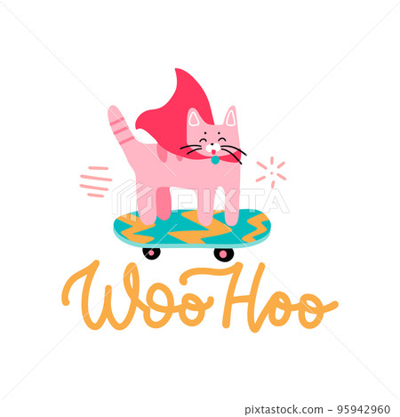 Woohoo - Congratulation from the cat sticker. Funny hero cat ridung skateboard. Design for greeting card or postcard, print, poster and other pritable designs. Hand drawn flat vector illustration. Woohoo - Congratulation from the cat sticker. Funny hero cat ridung skateboard. Design for greeting card or postcard, print, poster and other pritable designs. Hand drawn flat vector illustration. 95942960