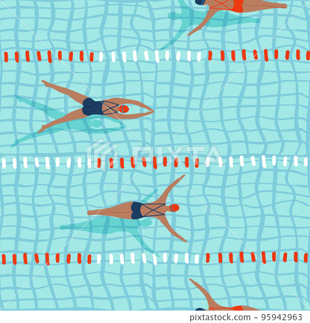 Professional sportswoman, female athletes swimming in the pool seamless pattern. Top view pool track . Women competition. Flat vector illustration. Professional sportswoman, female athletes swimming in the pool seamless pattern. Top view pool track . Women competition. Flat vector illustration. 95942963