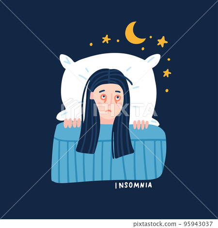 Young woman suffers from insomnia cause of mental problems, insomniac ideas. Top view tired girl lying in bed, thinking about deadline, upset event, can not relax. Flat ahnd drawn vector illustration 95943037