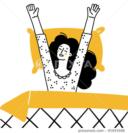 Woman wake up in the morning and stretching. The girl wakes up lying on her bed and smiles. Top view composition. Hand drawn doodle line style vector illustrations. Black and yellow on white Woman wake up in the morning and stretching. The girl wakes up lying on her bed and smiles. Top view composition. Hand drawn doodle line style vector illustrations. Black and yellow on white 95943086