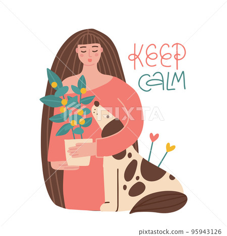 Keep Calm.Young woman hugs her dog and potted plant. Long haired girl embracing her domestic animal and houseplant. Female character cuddling with her pet. Isolated Flat vector illustration. 95943126