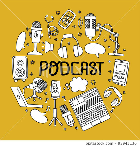 Podcast round badge with handwritten lettering and technic elements. Text and podcasts symbols of mic, headset, phone isolated on yellow background. Vector circle shape dodole sketch concept. 95943136
