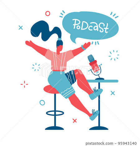 Radio host. Media hosting doodle drawing. Female podcaster with speach bubble with podcast lettering inscription, broadcaster at workspace isolated cartoon character. Vector flat illustration 95943140