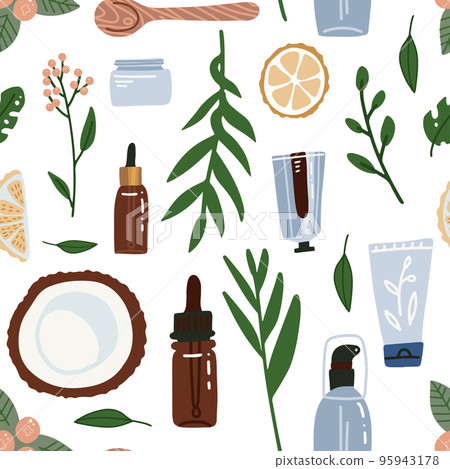 Organic cosmetic seamless pattern with bottles, jars, tubes. Herbal cosmetics background . Woman stuff, eco girls accessory concept. Natural face care products. Vector Flat hand drawn illustration Organic cosmetic seamless pattern with bottles, jars, tubes. Herbal cosmetics background . Woman stuff, eco girls accessory concept. Natural face care products. Vector Flat hand drawn illustration 95943178
