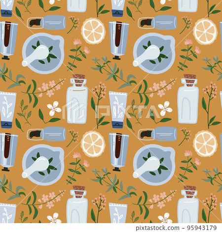 Seamless pattern with natural ingredients - branch, berries and flower. Cosmetic and medical plant. Mortar and pestle. Vector hand drawn illustration. 95943179