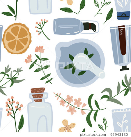 Seamless pattern with wimd flower, leaves, essential oil, and mortar and pestle. Cosmetic, perfumery and medical plant. Vector flat hand drawn illustration. Seamless pattern with wimd flower, leaves, essential oil, and mortar and pestle. Cosmetic, perfumery and medical plant. Vector flat hand drawn illustration. 95943180