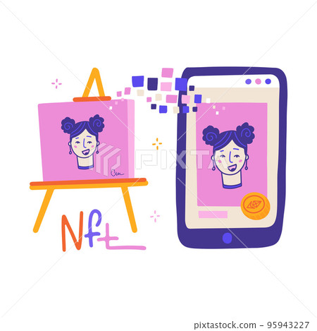 Concept of converting an art work into a unique token. ART to NFT, non-fungible token. Painting is converted into a digital file metaphor. Innovation technology. Vector flat hand drawn illustration. 95943227